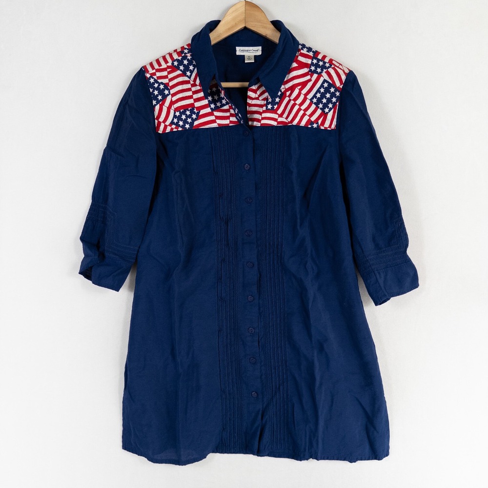 Coldwater Creek Tunic Shirt Women Large PETITE Navy Blue Button Up DIY US Flag